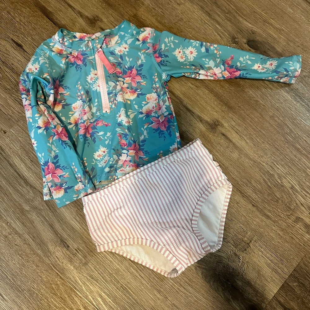 Ruffle Butts Floral and Striped Kids Swim Rashguard Set
